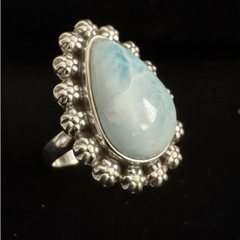 Elegant sterling Silver and genuine Blue larimar Teardrop‎ Ring